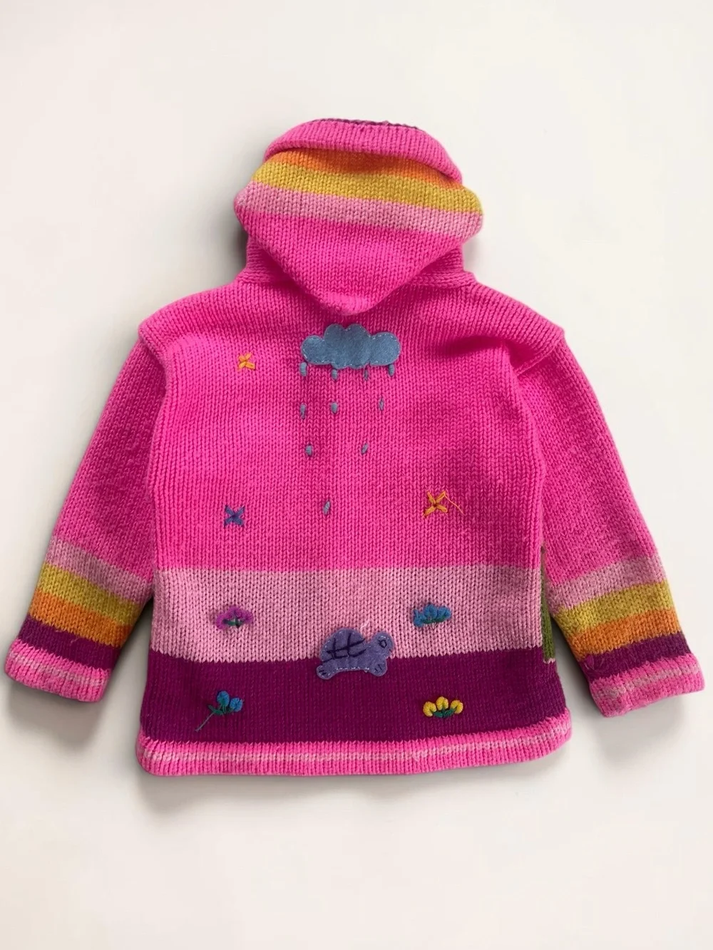 HANDMADE Neon Folk Art Storybook Landscape Hooded Knit Zip Up Cardigan